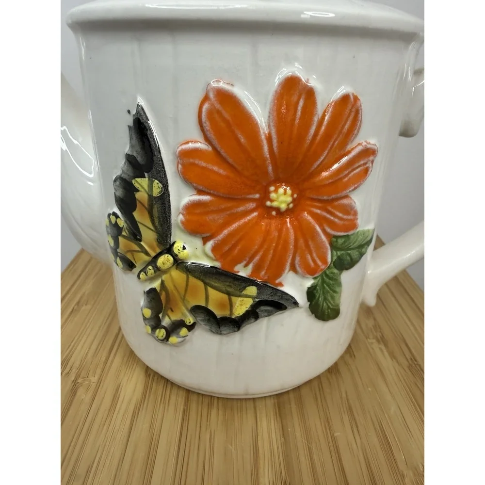 Vintage 70s Ceramic Butterfly Teapot Made‎ In Japan Flowers MCM